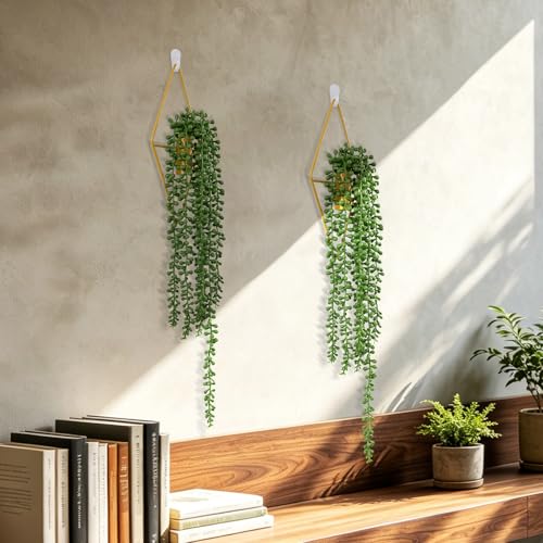2 Pack Artificial Hanging Plants with Geometric Metal Wall Planter, Faux String of Pearls Hanging Plant, Fake Succulent Vine Potted Plant for Wall Decor, Indoor Outdoor Home Office Garden Patio Decor - color: String of Pearls-b, size: 2Pack