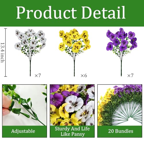 20 Pcs Artificial Fake Pansy Flowers for Outdoors, Faux Silk Pansies Spring Flowers UV Resistant Artificial Plants Outdoor for Planter Front Door Porch Yard Patio Home Decor(Purple Yellow White) - color: Purple, Yellow, White, size: 20 Pcs