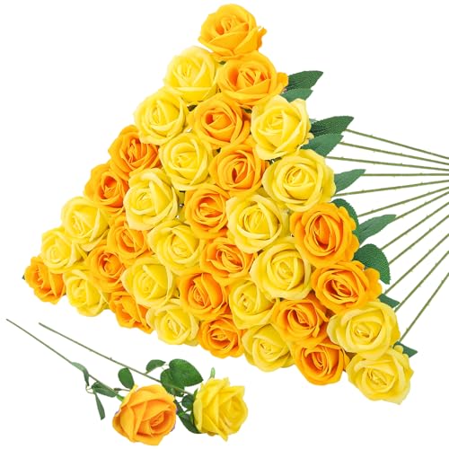 36 Pcs Velvet Texture Yellow, Lemon Yellow Artificial Flowers Bridal Bouquet, Fake Rose Long Stem Realistic Flowers Bulk for Valentine's Day Wedding Bouquet Ball Arrangement Centerpiece Party - color: Yellow, Lemon Yellow