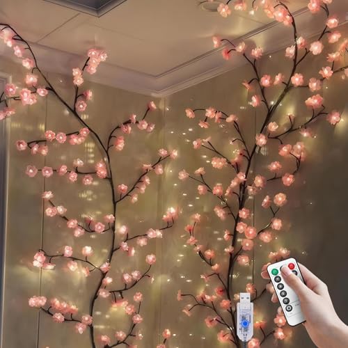 Cherry Blossom Lights for Room Decor Aesthetic,4 FT DIY Pink Cherry Blossom Wall Decor with 48 LED Flower Lights,Remote Timer,8 Lighting Modes,Blossom Tree Branch Lights,Vine Lights for Bedroom - color: 4FT