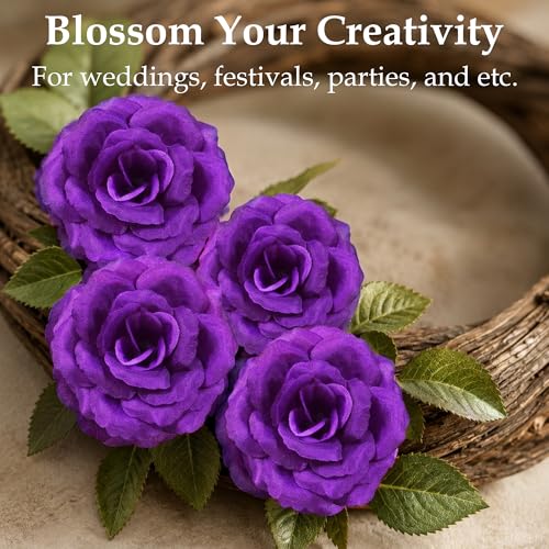 Rose Artificial Flowers, 50Pcs White Roses Head Flowers Bulk with Stem, 3 Inches Silk Rose Fake Flower Head for Wedding Party Home Decor DIY Baby Shower Centerpieces Tables Decoration (Deep Purple) - color: Deep Purple