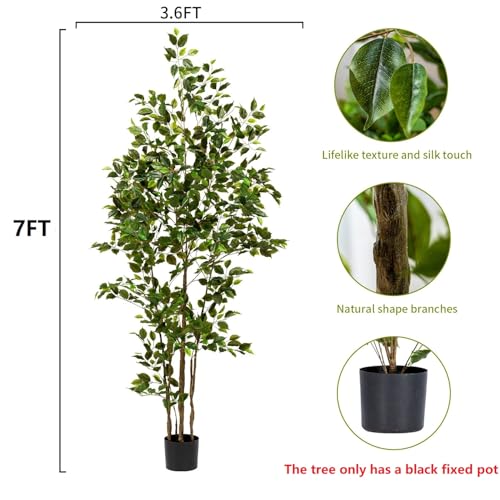 Bailikang Artificial Ficus Tree Indoor 7ft, Large Potted Faux Tree with Realistic Silk Leaves & Trunk for Home Office, Living Room Corner Decor - color: Green, size: 7ft