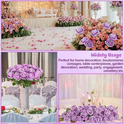 36 Pcs Light Purple Velvet Silk Rose Bouquet Bridal Artificial Flowers, Lavender Fake Rose Long Stem Realistic Flowers Bulk for DIY Wedding Ball Arrangement Centerpiece Home Party Decor - color: Light Purple