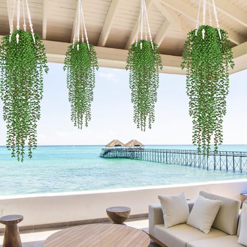 Waipfaru 4Pcs Artificial Hanging Plants, Fake Vines Fake Hanging Plants for Outdoors UV Resistant Ivy Artificial Plants Outdoor Faux Plants Indoor Bedroom Living Room Boho Wall Porch Shelf Decor - color: Tears of a Lover, size: 4Pcs Plants