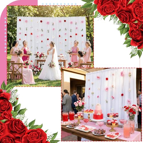 6 Pcs 35.4 Inch Artificial Hot Pink Flower Garlands with 3 Pcs 10 Ft Wedding Tulle Table Runner Wildflower Vines Floral Table Runner Garlands for Wedding Bridal Shower Spring Tea Party - style: Blooming Flower
