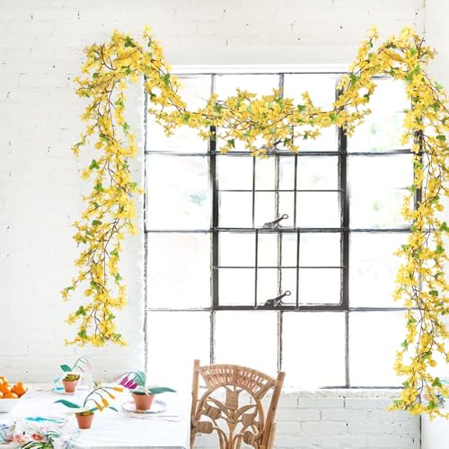 4pcs 23.6ft Forsythia Garland Artificial Flower Garlands Spring Garland for Mantle Fake Hanging Flower Vines Home Wall Home Party Wedding Indoor Outdoor Bedroom Wedding Decoration - color: 4 Pcs Garlands