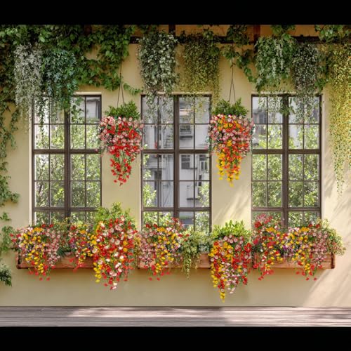 8 Pcs Artificial Hanging Flowers for Outdoors Fake Morning Glory for Home Decoration UV Resistant Mixed Color Greenery and Flowers for Porches Gardens Yard Decor (Warm Color) - color: Warm Color