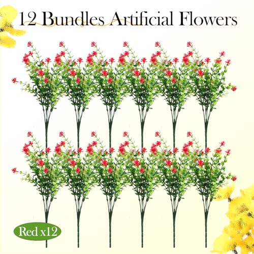 12 Pack Artificial Flowers & Plants for Outdoor Decor - Faux Eucalyptus & Lavender Greenery Shrubs - Fake Plants for Garden, Porch, Patio, Cemetery - Spring & Autumn Home Decoration - color: Red