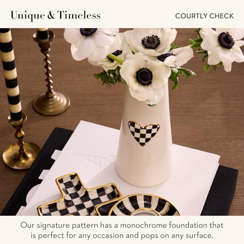 MACKENZIE-CHILDS Ceramic Heart Vase, Unique Decorative Vase, Tall, Black-and-White Courtly Check - size: Tall