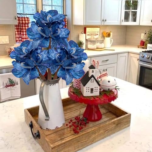 Briful Amaryllis Artificial Christmas Flower Stems, 19.7" Blue Glitter Faux Amaryllis with Detachable Heads for Xmas Home Party Wedding Bouquet Vase Arrangement Decor - color: Blue