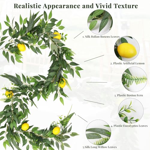 RECUTMS 2Pcs 5.9Ft Artificial Ivy Vines with Lemon and Willow Eucalyptus Italian Ruscus Fern Leaves Fake Rattan Greenery Indoor Outdoor Home Wall Patio Garland Wedding Bar Beach Summer Decor - color: Willow Garland With Lemon