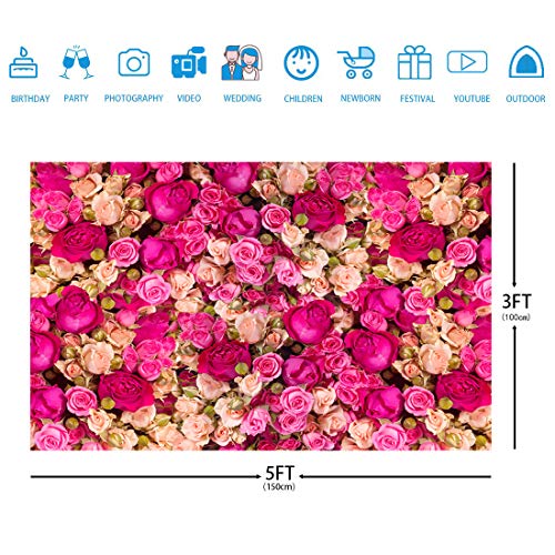 5x3ft Mother's Day Pink Flower Backdrop for Photography, Rose Wall for Wedding Birthday Party Decor, Flower Backdrop Wall for Photo Booth, Blossoms Roses Vinyl Background - size: 5x3ft