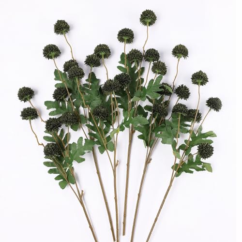 Mizii 6Pcs Green Fake Silk Pompon Mum Artificial Flowers Bulk Small Faux Chrysanthemums with Stems Realistic Floral Decorations for Wedding DIY Bouquet Centerpieces Shower Vase Home Decor (Dark Green) - color: Dark Green