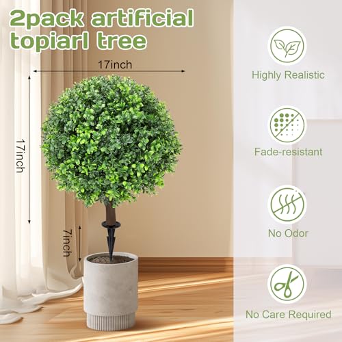 Artificial Boxwood Topiary Ball Tree 24" with Ground Spike, Set of 2 Artificial Boxwood Bushes for Faux Shrubs, Fake Evergreen Faux Plant for Indoor Outdoor Porch Garden- UV Resistant – Fade-Proof - color: Boxwood
