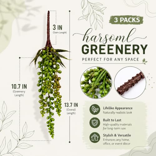 3PCS Artificial Succulents Hanging Plants,13.7 Inch Fake String of Pearls Greenery Plants 5 Branches for Home Garden Office Party Balcony Wall Indoor Outdoor Decoration - color: Green-14in