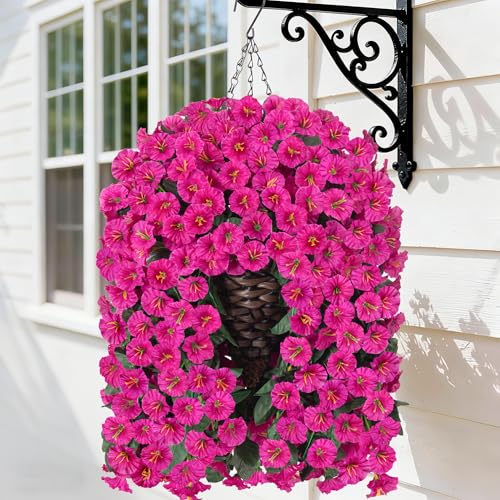HyeFlora Artificial Fake Hanging Flowers Plants Baskets for Outdoor Outside Decoration, Faux Silk UV Resistant Realistic Fuchsia Morning Glory Planter for Home Porch Patio Balcony Garden Yard - color: Fuchsia Morning Glory