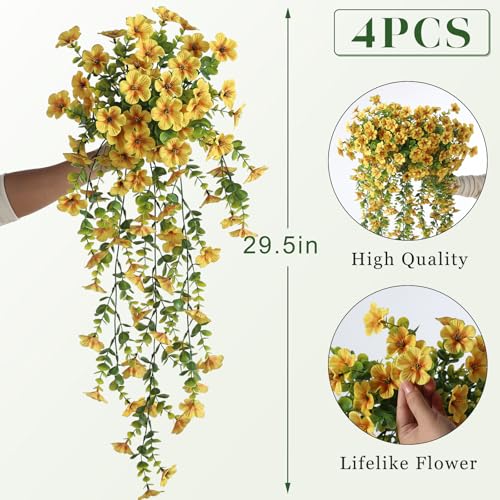 VIERENA 4 Bundles Artificial Hanging Morning Glory Flowers for Outdoor, Realistic Hanging Flowers Silk Fake Morning Glory with Faux Eucalyptus for Yard Garden Porch Patio Balcony Home Decor (Yellow) - color: Yellow