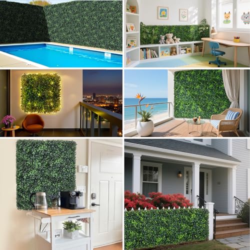 Artificial Grass Wall Panels - 12 Pack 10"x10" Ivy Privacy Fence Screen for Indoor Outdoor, Anti-UV Boxwood Hedge for Wedding & Event Decor, Greenery Wall with DIY Light Strip & Flowers (8.33 Sq.Ft)