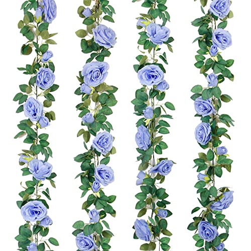 TELDRASSIL 4Pcs(26 FT) Artificial Rose Vine Fake Flower Garland Fake Silk Rose Hanging Vine for Wedding Party Background Arch Garden Background Decoration (Blue) - color: Blue