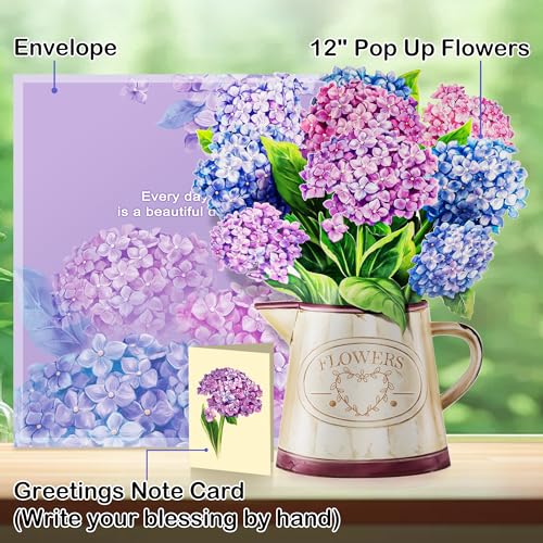 Airpark 3D Pop Up Paper Flowers Bouquet Card 12’‘ with Note & Envelope, Birthday Gifts, Get Well, Thank You, Greeting Cards for Women Mom Wife Friends, Nantucket Hydrangeas - style: Nantucket Hydrangeas