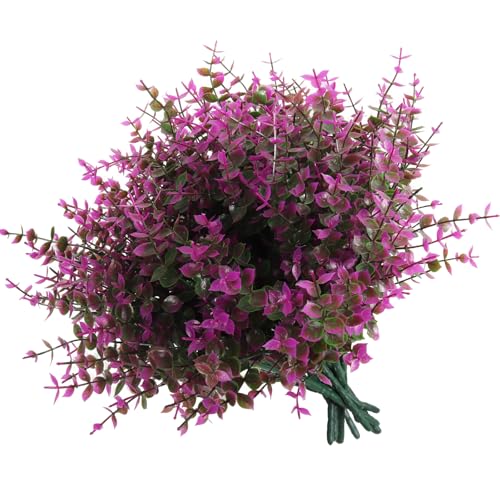 RECUTMS 12 Bundles Artificial Flowers Outdoor Faux Plastic Plants Artificial Eucalyptus UV Resistant Fake Plants Greenery Stems for Outside Spring Garden Porch Wedding Party Fireplace Décor(Fuchsia) - color: Fuchsia Eucalyptus, size: 12 Pcs