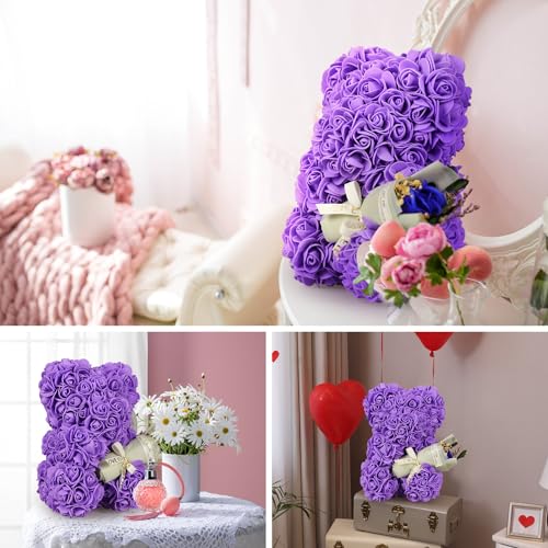 Gifts for Mother Rose Bear Gifts for Women, Rose Teddy Bear Birthday Gifts for Girlfriend Wife, Flower Bear withI Love You Necklace in 100 Languages - color: Purple
