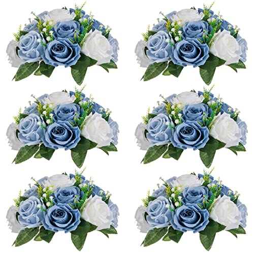 NUPTIO Flower Balls Table Centerpieces: Dusty Blue & White Fake Rose | 6 Pcs Artificial Floral Bouquet Arrangement for Wedding Bridal Shower Birthday Party Decor - color: Dusty Blue & White, size: 6 Pcs