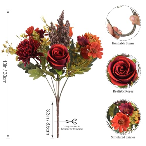 Dremisland Artificial Flowers Like Real Artificial Bouquet 4 Packs Silk Artificial Roses Bouquet with Daisy Chrysanthemum Orange Red Flowers for Centerpiece Table Wedding Party Home Decor - color: Orange&red, size: 4PCS