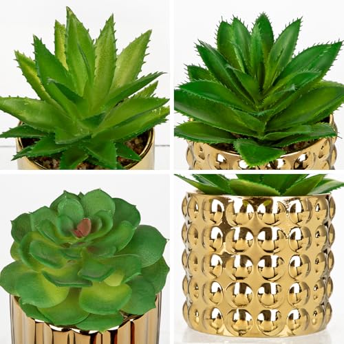 Briful Succulents Plants Artificial in Gold Ceramic Pots (Set of 3), Small Fake Plants for Home Office Desk Decor – Modern Mini Potted Succulents for Bathroom, Bedroom, Living Room Table, Shelf - color: Gold