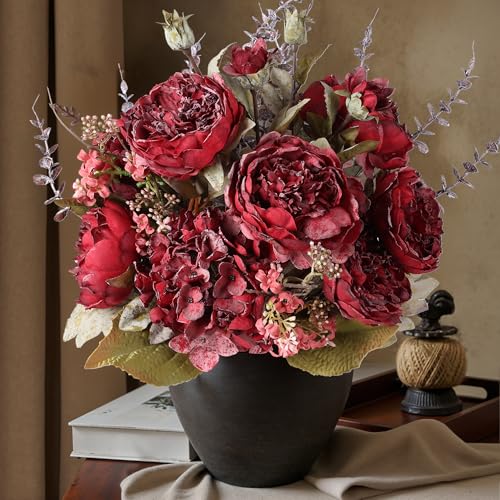 Ivydale Peony Artificial Flowers Bouquet 17.7" Faux Silk Arrangements Fake Peonies Plants Bulk Look Real Dining Table Centerpieces for Home Kitchen Wedding Party Decor, No Vase (Red) - color: Red