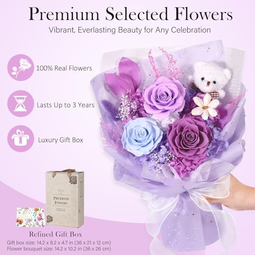 Preserved Flowers Bouquet with Bear, 3 Real Forever Flowers for Delivery, Long-Lasting Purple Eteranl Roses Bouquet, Anniversary Birthday Gifts for Women Mom Her Girlfriend Wife - color: Purple