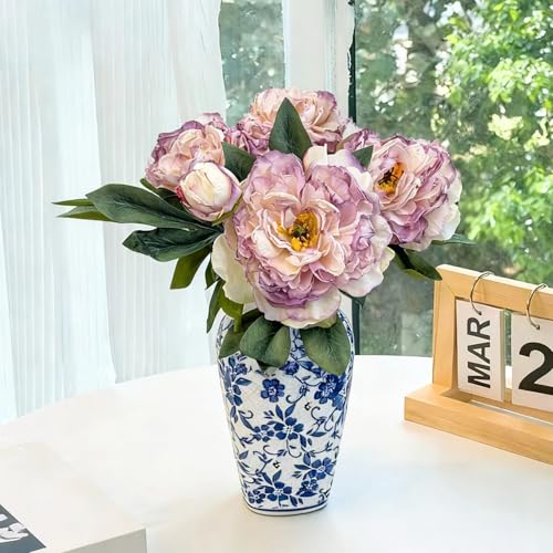 4 PCS Premium White Peonies Artificial Flowers,19.2’’Fake Faux Silk Peonies for Centerpieces Wedding Home Decor (4, Purple) - color: Purple