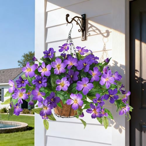 Homsunny Artficial Fake Hanging Flowers Plants with Baskets, 3PCS Silk Faux Outdoor Flowers UV Resistant Real Touch Plastic Flowers for Spring Garden and Home Patio Yard Decor (Double Purple) - color: Deep Purple+ Light Purple With Basket