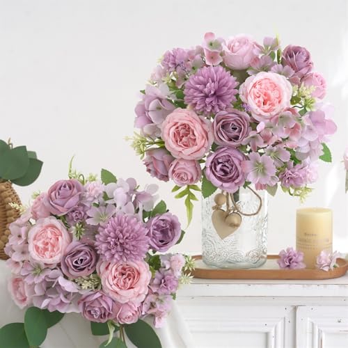 4 Pcs Mixed Artificial Peony Flowers Set-2 Bouquets & 2 Stems, Purple Fake Peony Rose Hydrangea Flower for Vase Silk Floral Arrangement for Table Centerpiece Wedding Party Bridal Decoration Home Decor - color: Purple, size: Mixed 4pcs