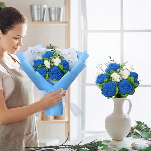 Foyucool Crochet Flowers Bouquet, Handmade Knitted Rose Bouquet with Gift Bag for Home Deocor, Crocheted Finished Flower for Wedding, Mother's Day, Teachers' Day and Valentine's Day, Blue - color: Blue