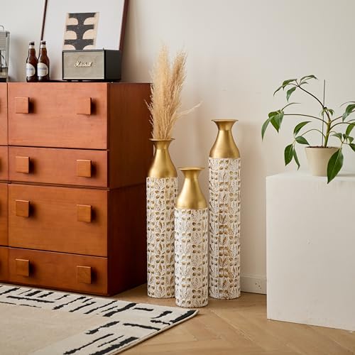 Floor Vases, Tall Home Decor Metal Vase Set of 3 Large Glazed Decorative Vases for Wedding Decor, Elegant Modern Flower Holder for Living Room, Entryway, Hallway - color: Leaf Mix White Gold