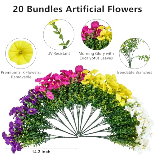 Bassion Artificial Flowers for Outdoors, 20 Bundles Silk Fake Flowers UV Resistant Realistic Morning Glory Faux Eucalyptus Plants for Outside Planters Porch Window Box Garden Indoor Decor - color: Mix Color