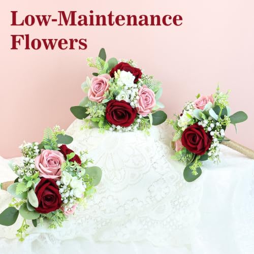 Blush & Burgundy Bridesmaids Bouquets Set of 4-7 Inch Artificial Flowers Bridesmaid Bouquet for Wedding Pre-Made Rustic Rose Small Floral Bouquets for Bridal Shower Marriage Proposal Party Anniversary - color: Blush & Burgundy, size: 4pcs