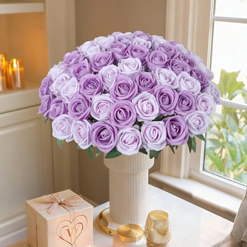 50 PCS Purple Roses Artificial Flowers, Fake Roses with Stem Realistic Silk Roses for DIY Wedding Bouquets Table Centerpieces Arrangements Baby Shower Birthday Home Decor Valentine's Day Gift for Her - color: Dusty Violet & Pale Lavender