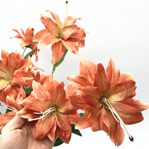 Artificial Lily Flowers, Vintage Fake Silk Flower Long Stems Stargazer Lilies Real Touch Faux Plants Stem Tiger Bouquets for Home Decor Indoor Outdoor Wedding Party Floral DIY Decorations Brown 4 Pack - color: Lily Flowers - Brown 4 Pcs