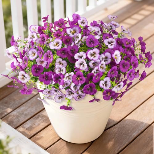 Artificial Fake Pansy Flowers for Outdoor, 12 Pcs Faux Silk Pansies Flower for Spring Summer Decoration, UV Resistant Fake Plants for Outside Planter Porch Yard Patio Home Decor(Gradient Purple Red) - color: Gradient Purple Red