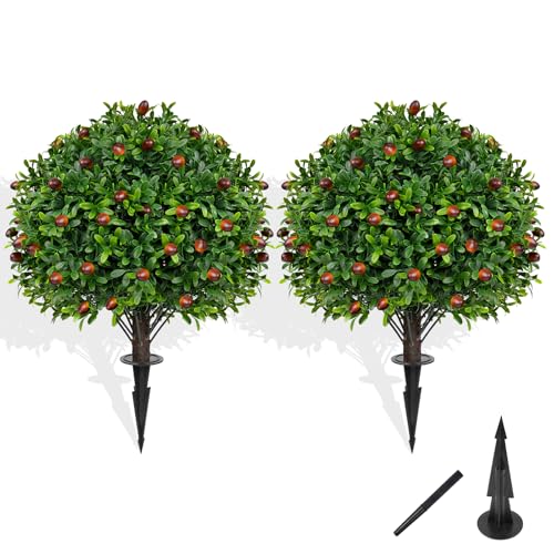Grooy 2 Pack Artificial Olive Topiary Tree, Artificial Shrub Bushes with Ground Spike, Fake Evergreen Tree for Porch, Artificial Plants for Outdoor Planters Indoor UV Resistant - color: Olive