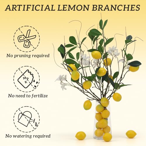 18.7'' Artificial Lemon Branches Fake Lemons Stem Decoration Faux Fruit Branch with Lifelike Leaves DIY Wreath Party Farmhouse Home Kitchen Table Ornament Themed - 4 Pcs