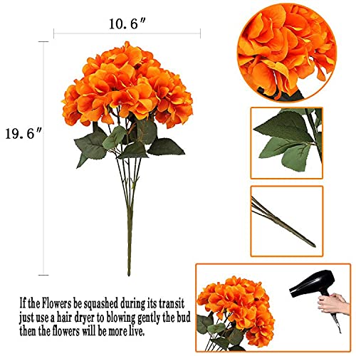 2Bouquets Artificial Fake Flowers Silk Hydrangea Arrangements Wedding Bouquets Decorations Plastic Floral Home Kitchen Garden Party Festival Bar DIY (Orange) - color: Orange, 5flower Heads