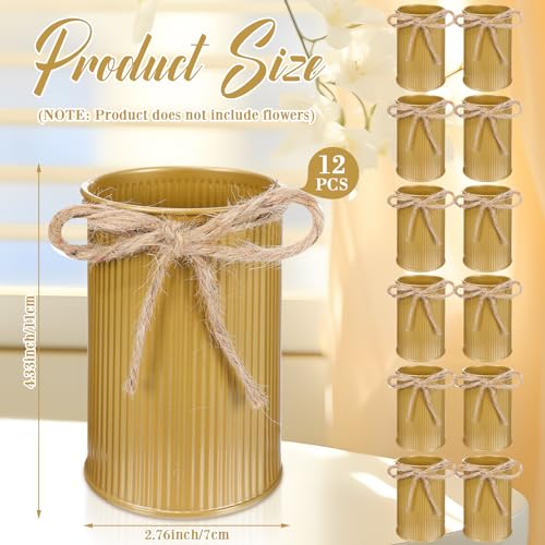Rustic Vase for Table Centerpieces 4.33 Inch Small Petite Flower Vase with Twine Bow Vintage Farmhouse Decor for Wedding Reception Dining, Home Galvanized Metal Buckets(Gold,12 Pcs) - color: Gold