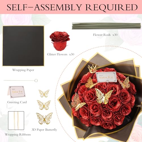Red Glitter Roses Bouquet, 30 Pcs DIY Fake Flowers Bouquet, Everlasting Shiny Artificial Rose Bouquet for Valentine's Day, Anniversary, Engagement, Wedding - color: Red
