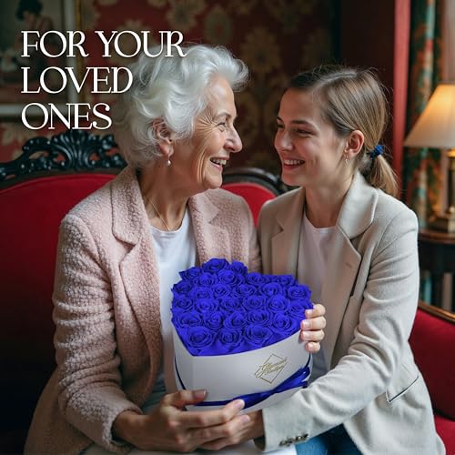 GLAMOUR BOUTIQUE Preserved Roses in a Box - Gifts for Her, Wife & Mom, Rose Flowers Forever Decor for Birthday Gift, Get Well Flower Bouquet Cased in White Box with Cover, Blue, 27 (Color-Treated) - color: Blue, size: 27 Roses Heart Box