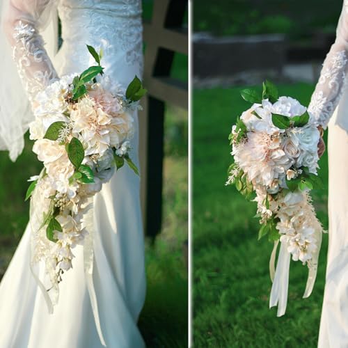 10 Inch Champagne Dahlia White Rose Cascading Bouquets for Bride Pearl Fall Wedding Bridal Bouquet Artificial Silk Flower Boho Rustic Vintage Ceremony Anniversary Decor Toss Bouquet - color: Champagne,pearl