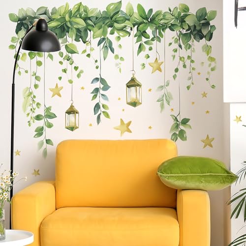 Green Plants Leaves Wall Decals Removable Hanging Vines Wall Stickers Peel and Stick Vinyl Waterproof Wall Decor for Bedroom Living Room Bathroom Classroom Decorations - style: Green Plants