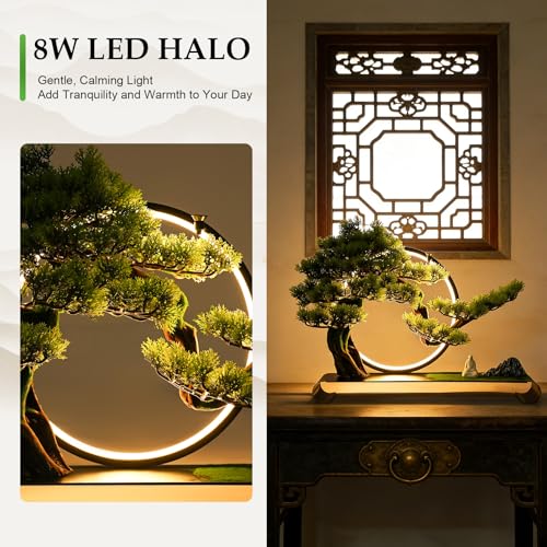 Artificial Bonsai Pine Tree Faux Realistic Simulation Bonsai with Adjustable LED Light, 20.9 * 4.7 * 16.5in USB Artificial Plants Fake Bonsai Tree Welcome Pine Faux for Home Decor
